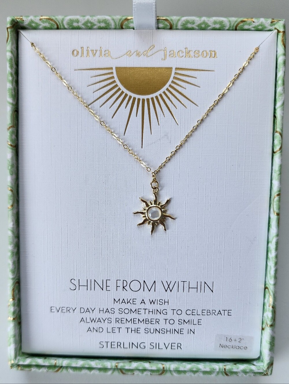 Opalite & Gold over S925 Sunburst Pendant & Necklace NEW in Gift Box! 16"+2